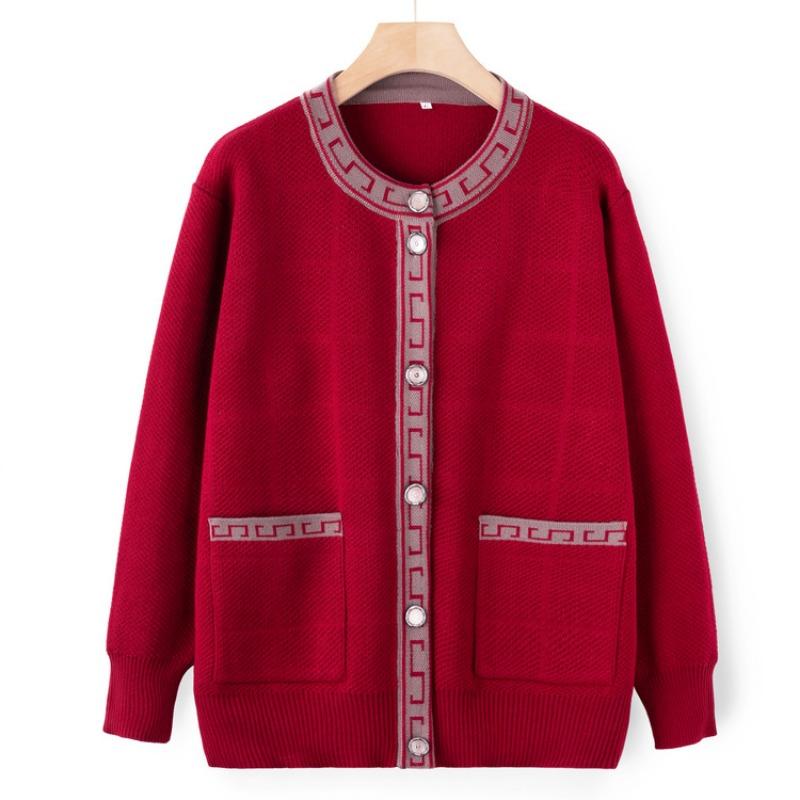 Middle-aged elderly knitted sweater autumn coat female elderly grandmother spring and autumn cardigan sweater crew neck mother top