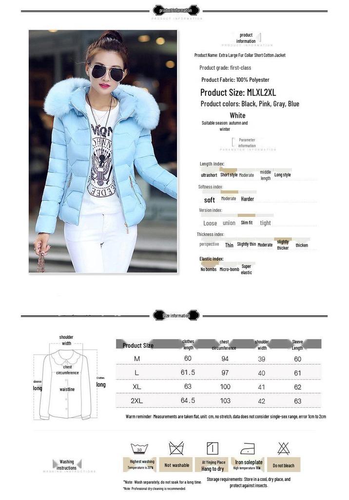 Women's Winter Hooded Short Cotton Jacket with Fur Collar - Slimming and Warm