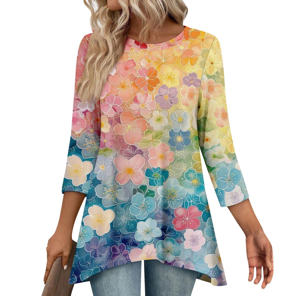 Tunic Tops For Women Loose Fit Prints Tops 3/4 Length Sleeve Womens Tops With Asymmetrical Hem