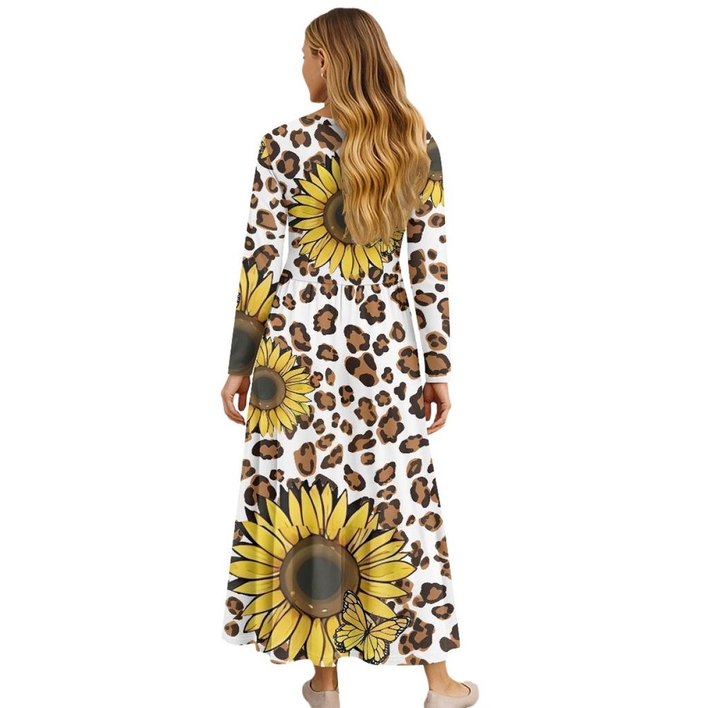 Long Sleeve Casual Daily Dress Ladies Patchwork Hem Midi Dress