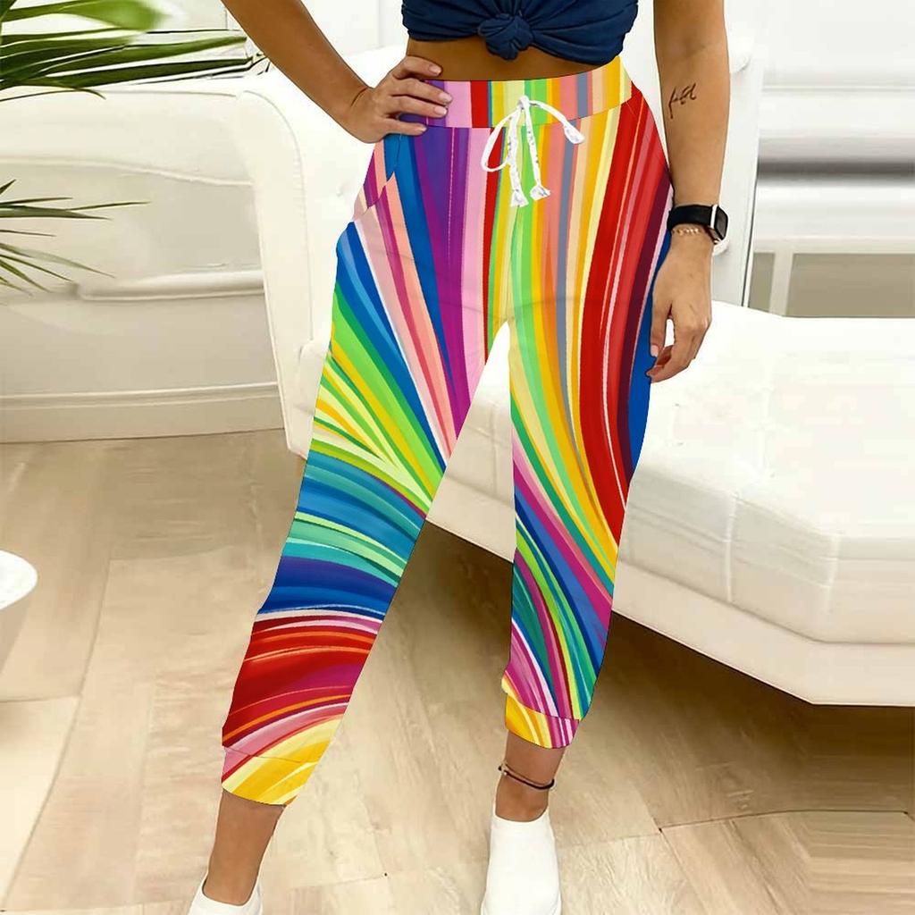 Summer Ladies Radiation Tie Dye Printed Sweatpants Loose Fit Drawstring Joggers Elastic Cuff Daily Casual Pants