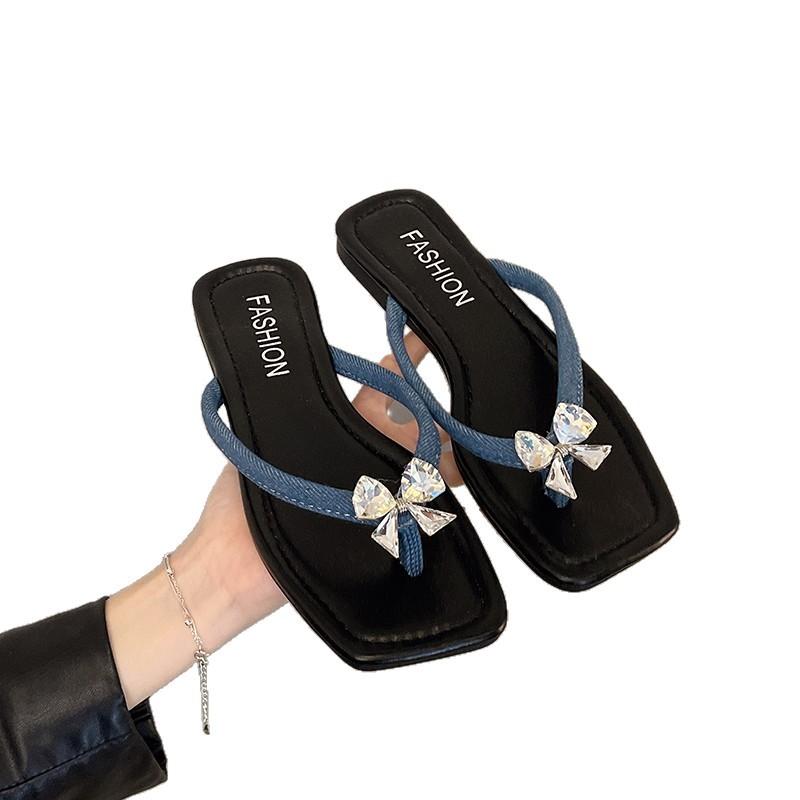 Summer new square head cool slippers fashionable exquisite rhinestone bow flip-flops women's vacation beach pinch slippers