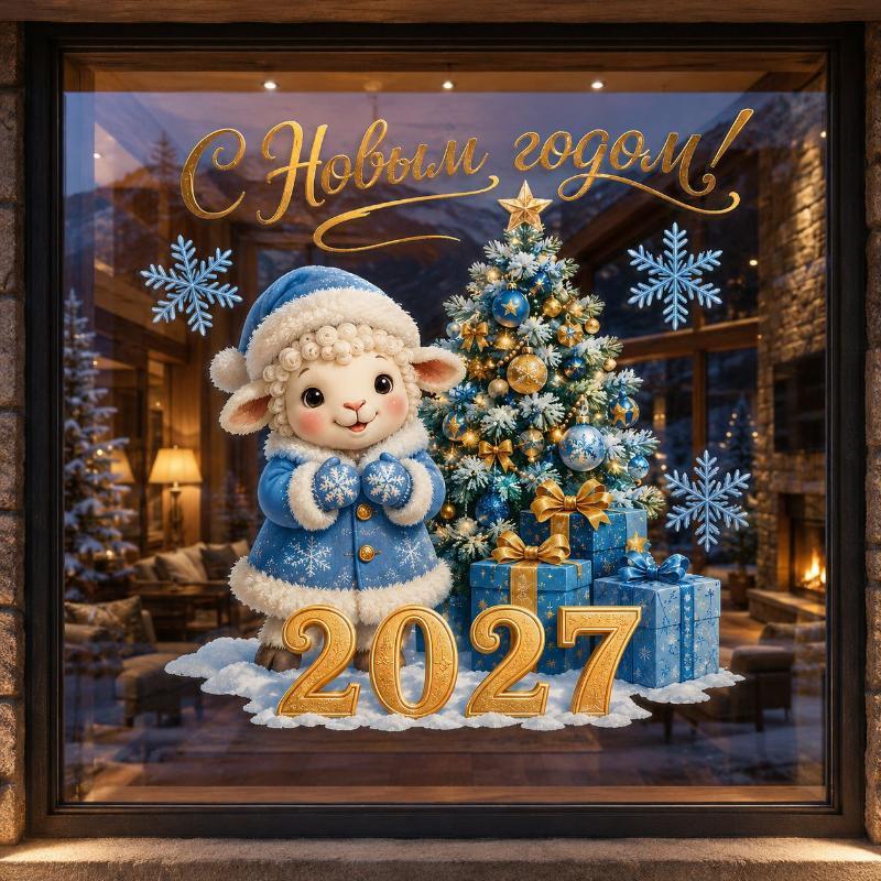 2027 Sheep Static Window Sticker Happy New Year Decals Cute Lamb Christmas Window Decor Home Decoration Shop Glass Ornament