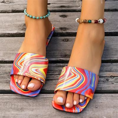 Fashion Summer Square Toe Fashion Sexy Daily Sandals Rainbow Women's Casual Comfortable Flat Walking Shoes