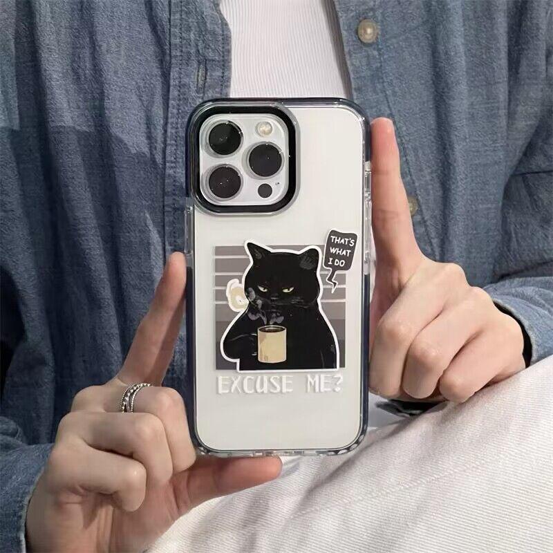 

Чехол для телефона «Пьющая кофе Черная кошка» для iPhone 16 15 14 13 12 11 Pro Max XR XS 7 8 Plus Прозрачный ударопрочный силиконовый чехол iPhone 14