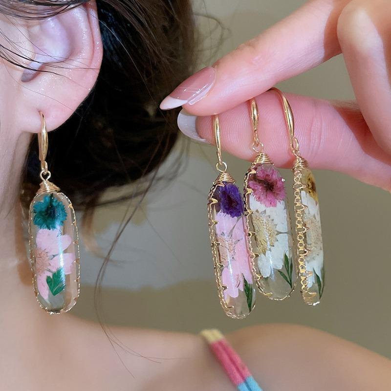 New Trendy Multicolor Clear Resin Geometrical Real Dye Flowers Drop Earrings for Women Real Gold Plated Copper Jewelry