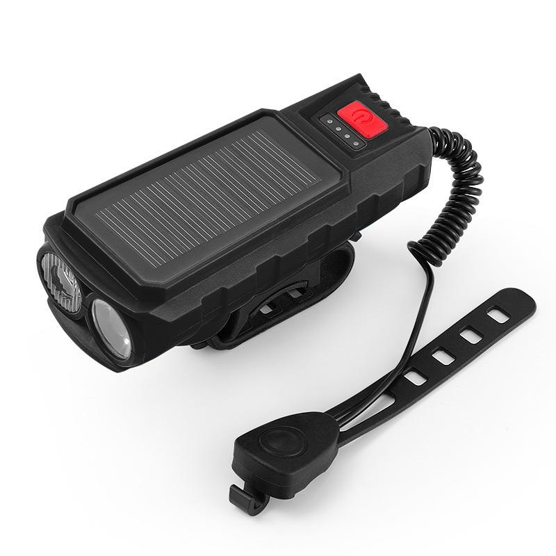 USB-wiederaufladbare Solar-Fahrradbeleuchtung mit Leistungsanzeige Berg-Rennrad-Frontleuchte Integriertes Horn Taschenlampe für Radfahren