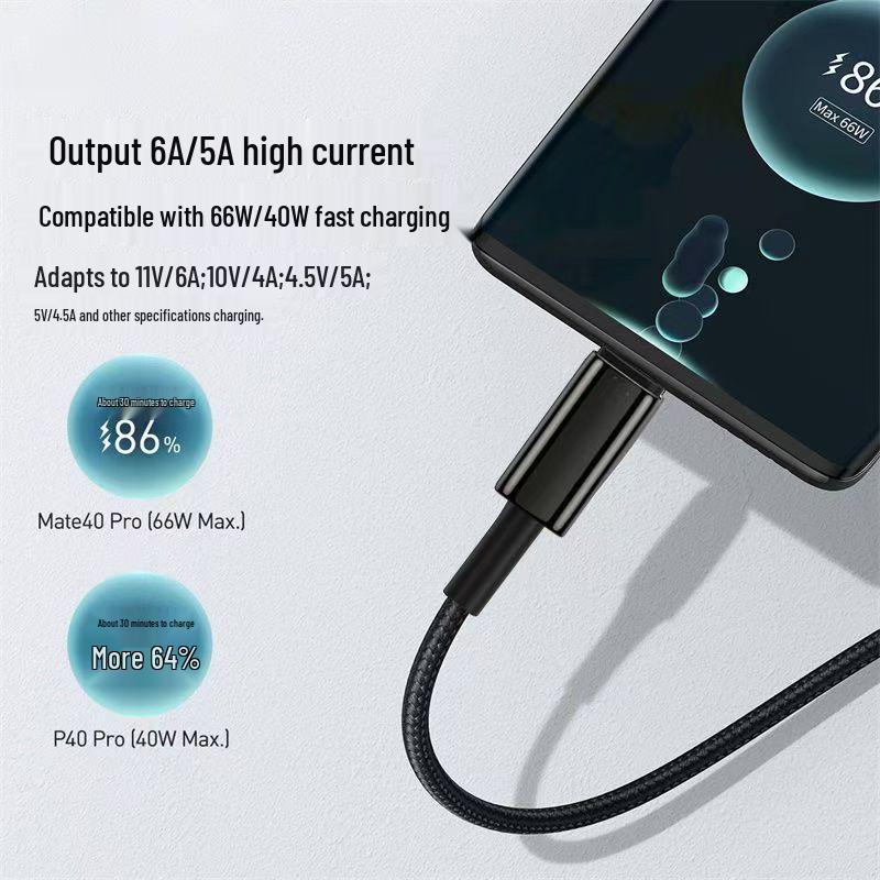 66W Super Fast Type-C Charging Cable for Huawei, Vivo, Oppo, Honor - Braided 6A Flash Charger Cable.