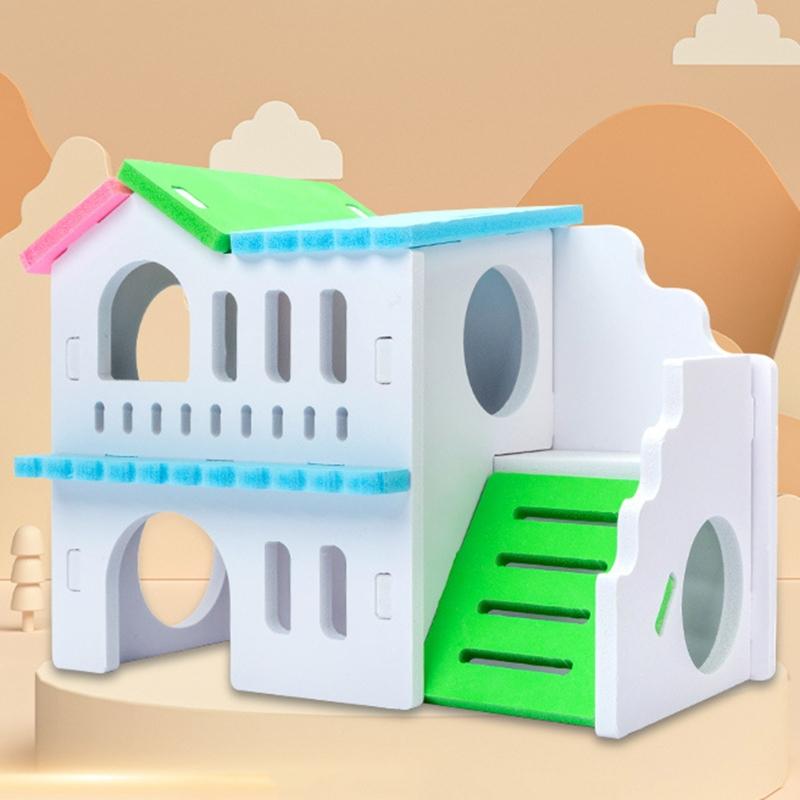 Wooden Hamster Deluxe Double Deck Villa Natural Living Hideout Hut Toy Small Animal Chew Toy for Hamster Cage