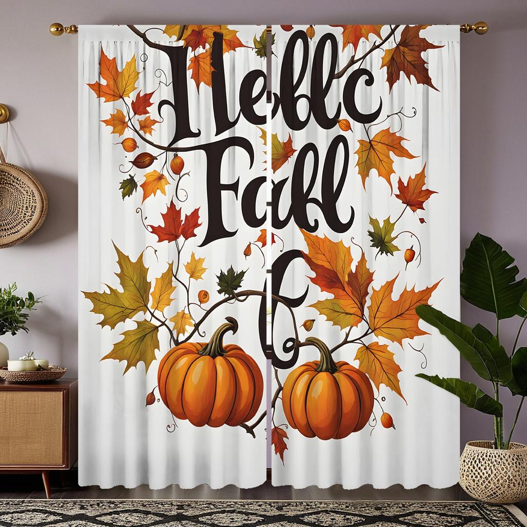 2er Set HD Thanksgiving Gelber Kürbis und Ahornblatt Dekovorhang Weißes Band Digital bedruckter Vorhang Wohnkultur Stil