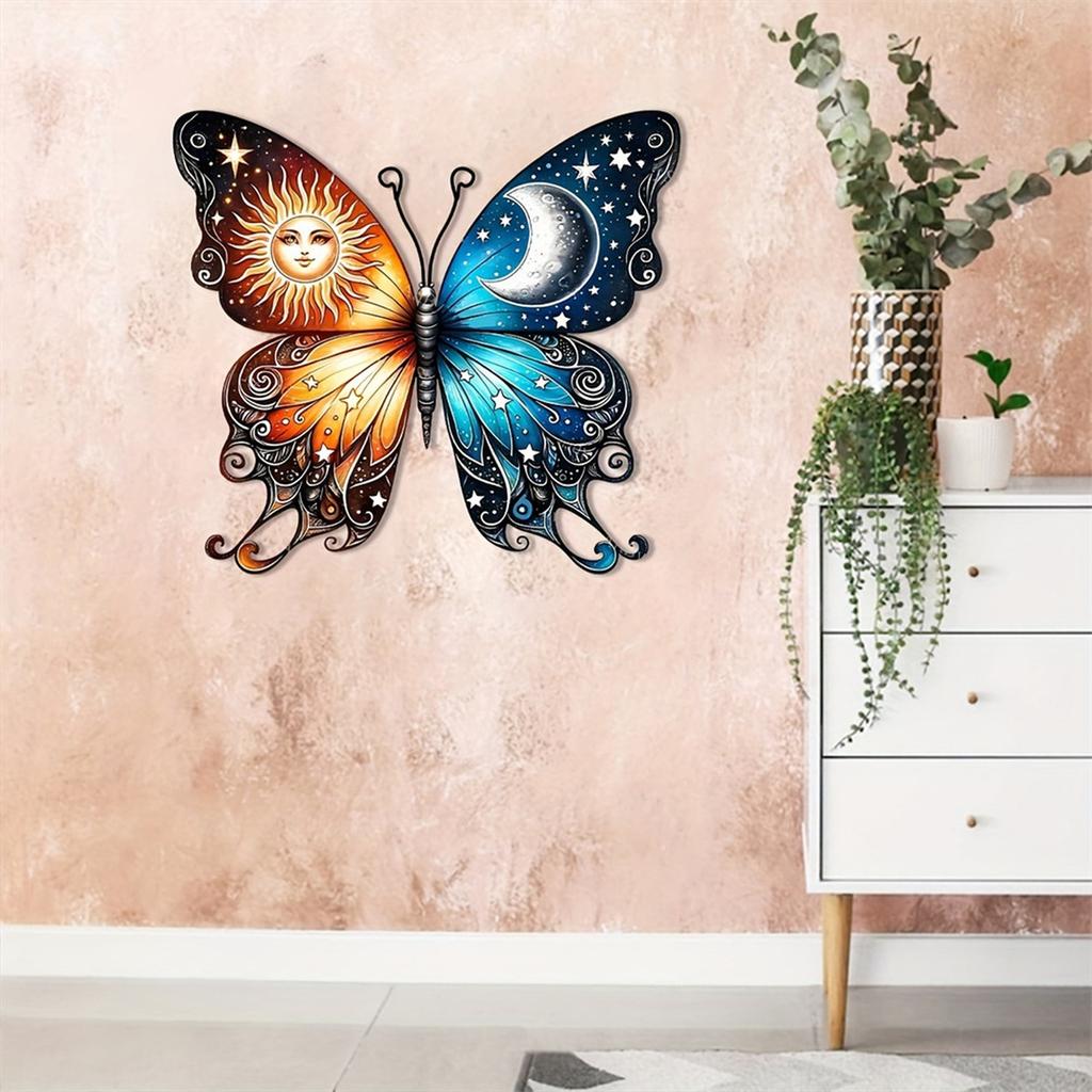 Butterfly Wall Art Metal Sculpture Sun and Moon Design Decorative Iron Wall Hanging Artwork for Living Room Bedroom Indoor Outdoor