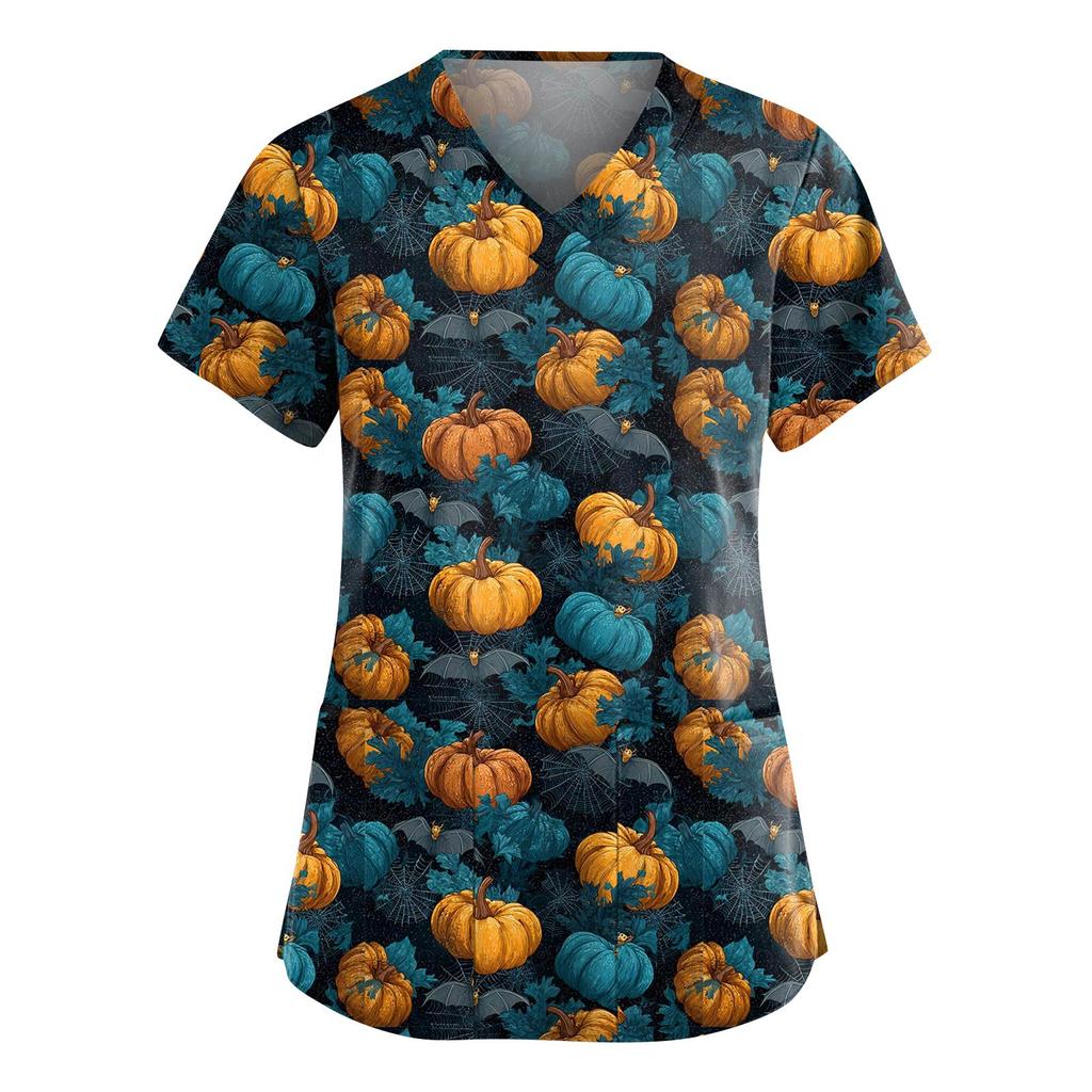 Women's Fashion V-Neck Short Sleeve Overalls With Pockets Halloween Printed Tops  Apparel