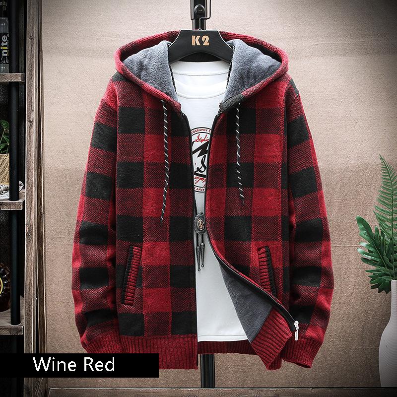 Plaid Hooded Cardigan Men Clothing V Neck Sweater Men Cardigen Retro Clothes Hip Hop Knitwear Autumn Winter