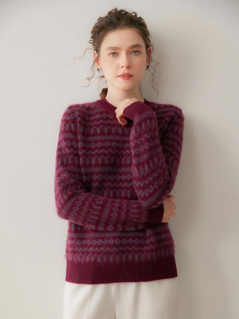 Women's Striped Jacquard Cashmere Sweater - Loose, Slimming Round Neck for Autumn/Winter 2026