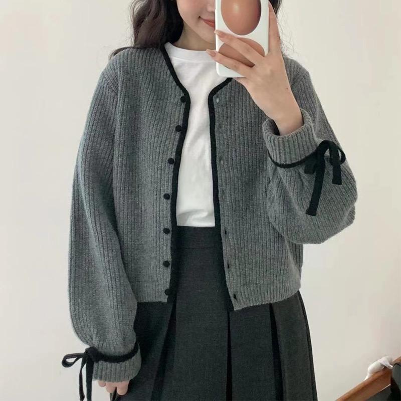 Autumn New Sweet Bow Long Sleeve Casual Sweater Coat Women Winter Solid V Neck Knitted Cardigan Sweaters Women Elegant Slim Knitwear Cardigans 25232