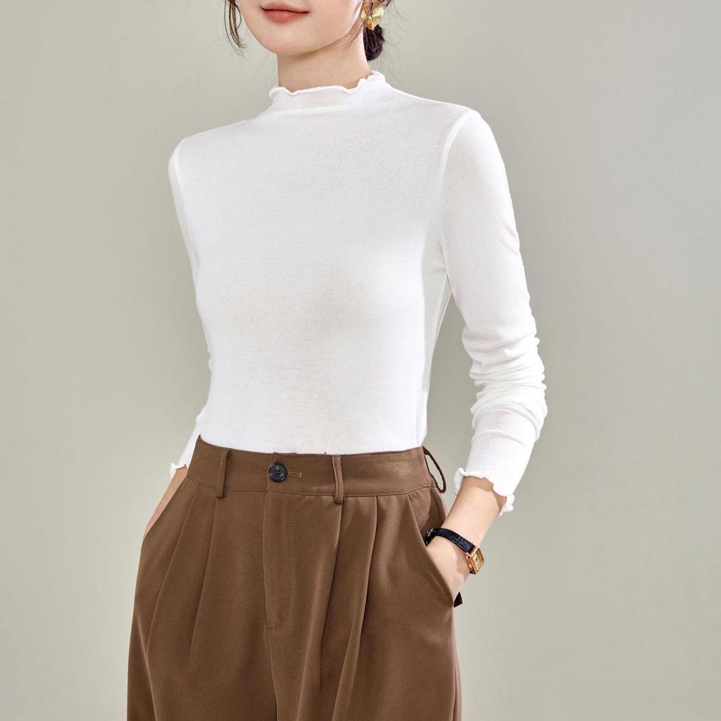Nové dámské tričko s dlouhým rukávem z tencelové vlny, slim fit, s volánkovou ozdobou na podzim/zimu
