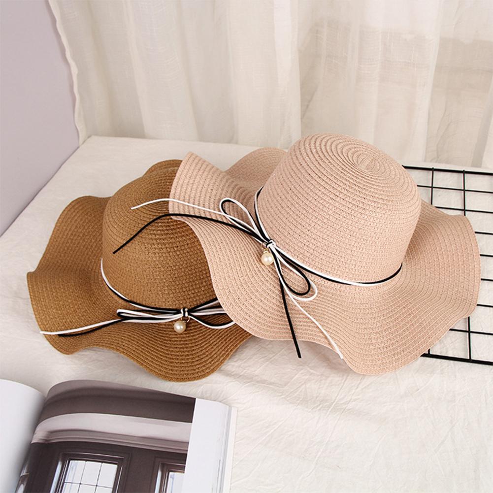 Women Summer Elegant Bowknot Pearl Beach Cap