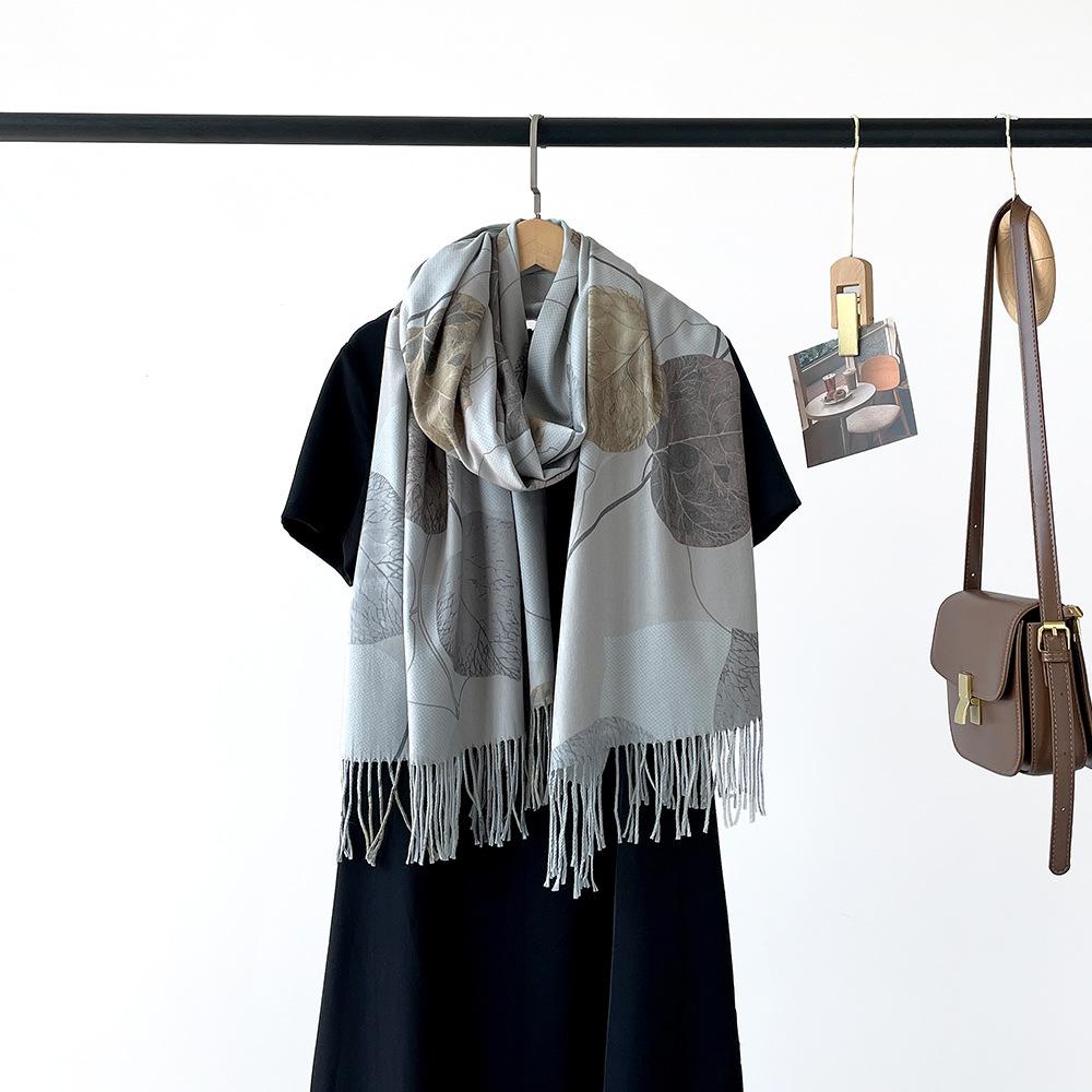 New Digital Printing Imitation Cashmere Scarf Women's Leaves Orange Tassel Warm Extended Coffee Shawl