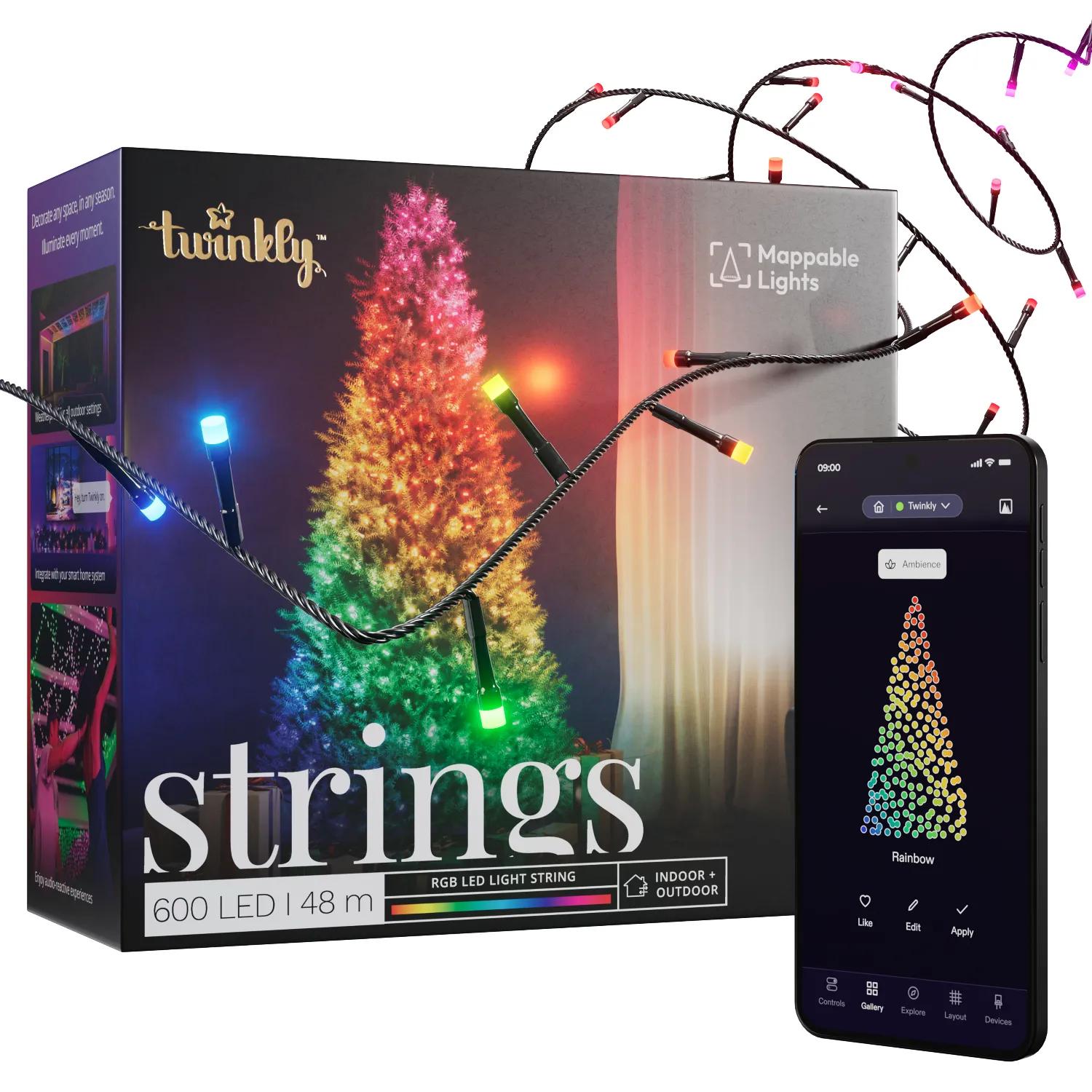 Twinkly Strings Lichtsnoer - 48M - LED - 600LED RGB - Dimbaar - Binnen & Buiten - Bluetooth of Wifi - Werkt met Homekit, Homey, Google Home en Razer Chroma - Zwart