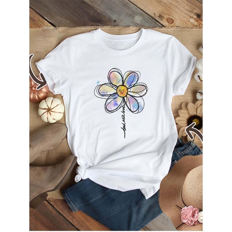 Women Round Neck Short Sleeve T-Shirt Strange Windmill Watercolor Floral Print Vibrant Casual Spring Summer Fall Top