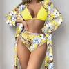 European and American High-Waisted Bikini Set with Printed Long-Sleeved Cover-Up