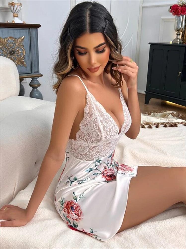 Women Sexy Sleepwear Lace Silk Satin Night Dress Sleeveless Nighties V-neck Nightgown Plus Size Nightwear Erotic Sleepdress
