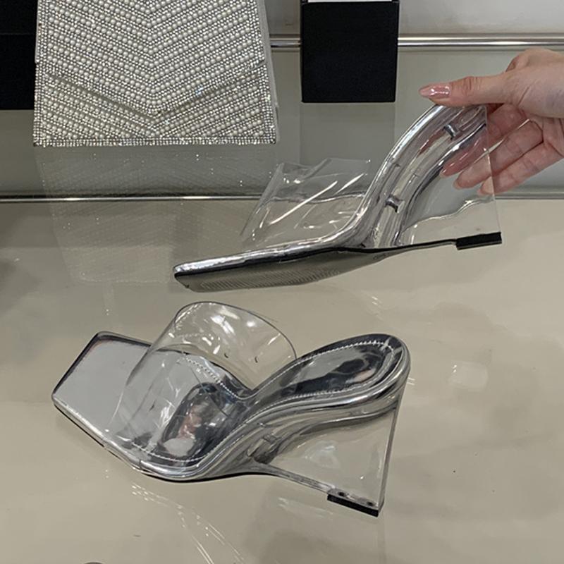 Summer Fashion Wide Square Open Toe Perspex Wedges Slipper Clear High Heels PVC Transparent Shoes Women Sandals Size 35-40