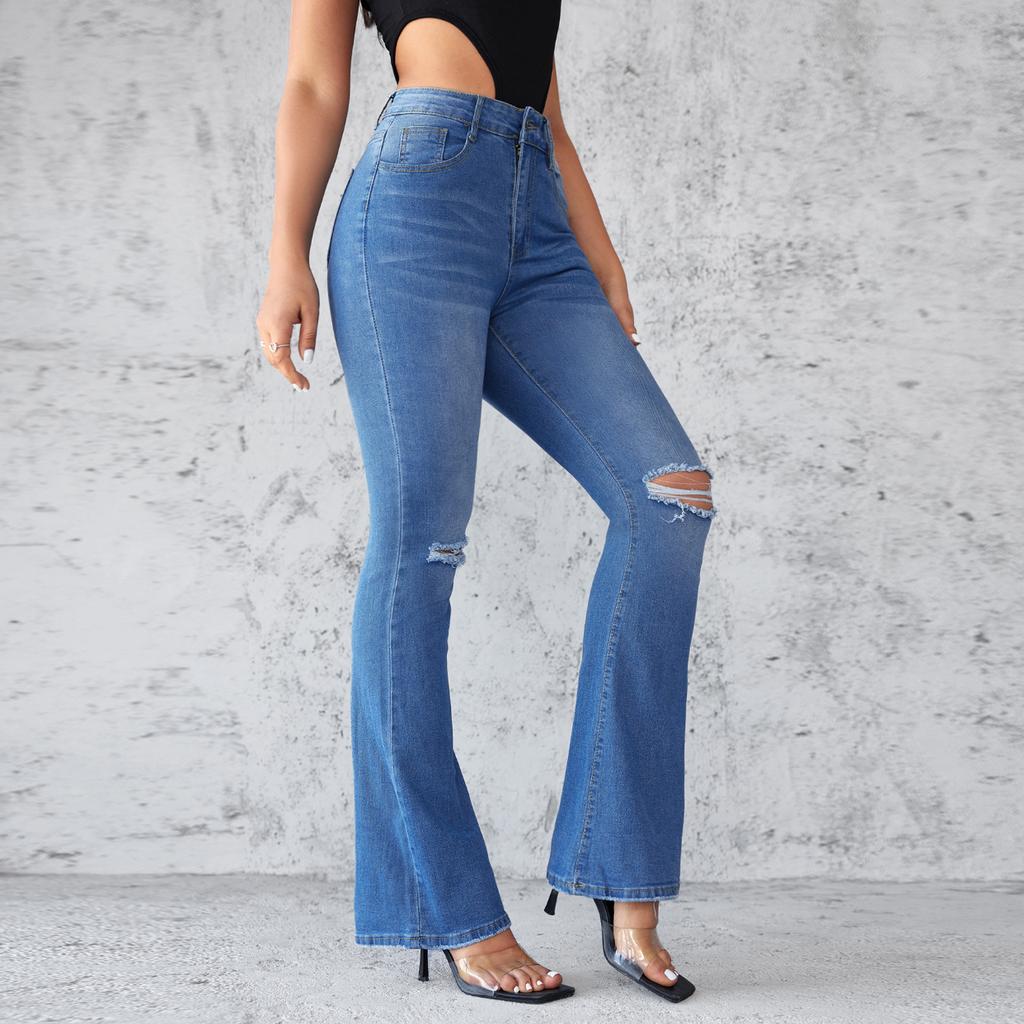 Broken Hole Micro-laundry Women's Jeans Slim and Thin High-waisted Elastic Trousers