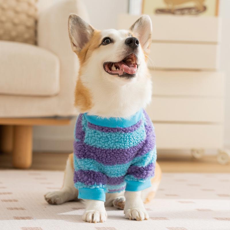 Autumn and Winter Dog Pocket Little Monster Striped Corgi Flannel Medium and Small Dog Dachshund Warm Pet Dog Clothes