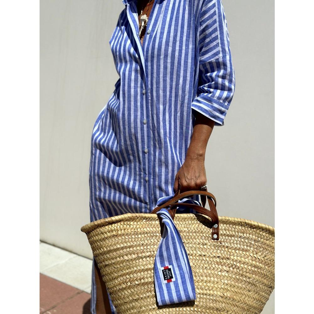 Autumn Five Quarter Sleeve Striped Two Side Slit Shirt Dresses with Lapel Long Women's Dresses