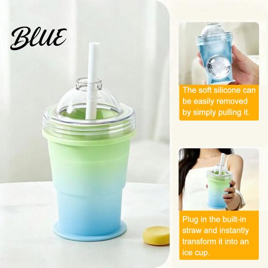 Non-breakable Ice Ball Maker Cup with Lid And Straw 2-in-1 Foldable Silicone Travel Straw Drinking Cup Portable Iced Beverage for Outdoor