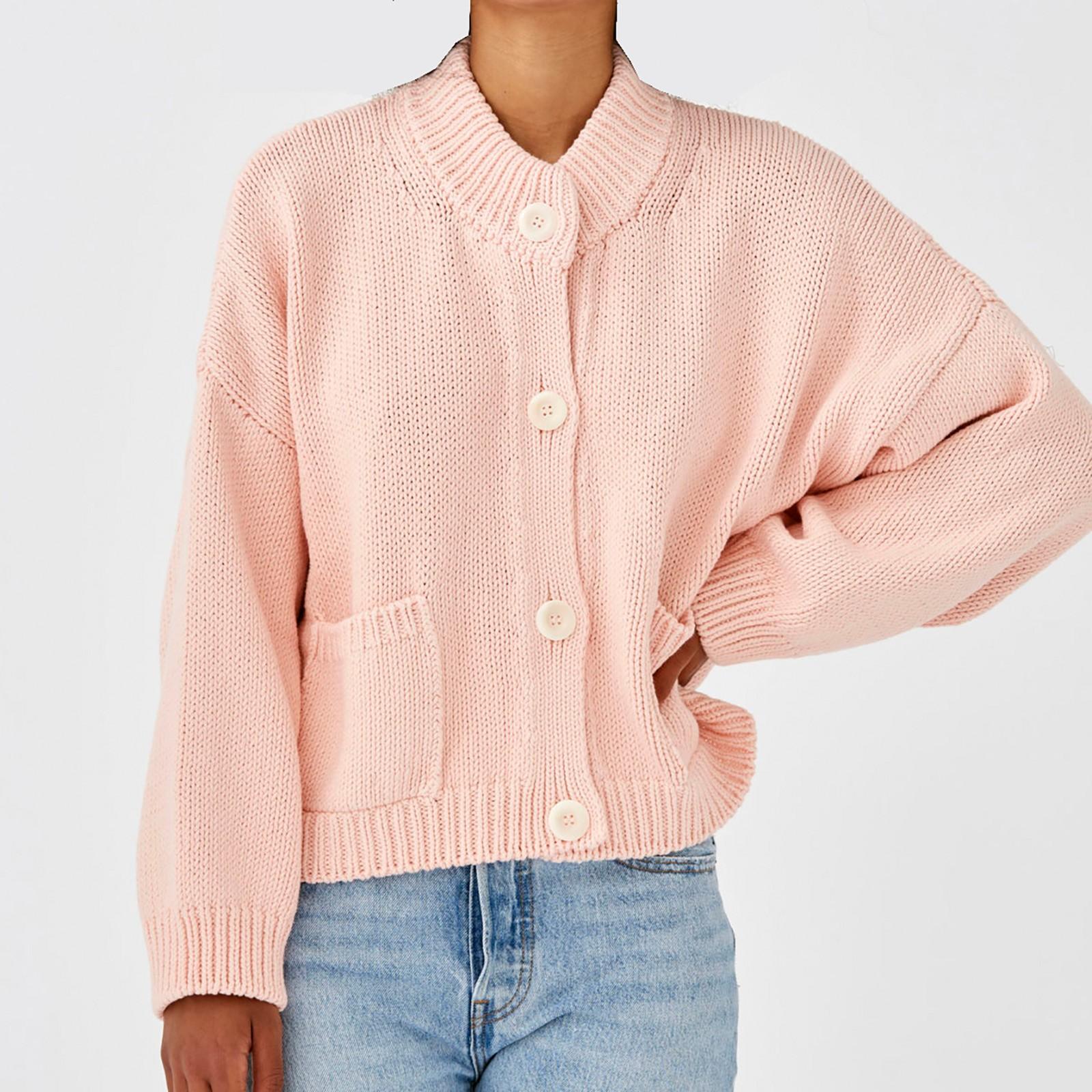 

Женский кардиган, однотонный свитер с карманом и высоким воротом, куртка-свитер XXL розовый