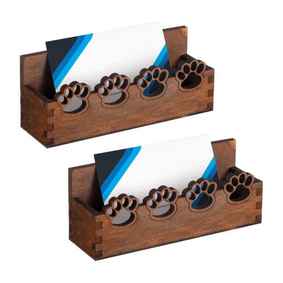 Wood Business Card Holder for Desk, Cute Paw Print Display Stand for Postcards Office Home, Rustic Desktop Tabletop Organizer