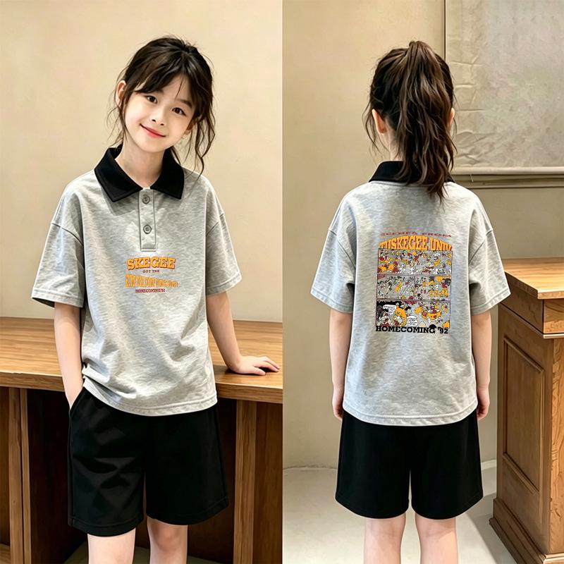 Korean Style Girls' Patchwork Lapel Polo Two-Piece Set: Casual Summer Short-Sleeve Shirt for Medium and Large Children.