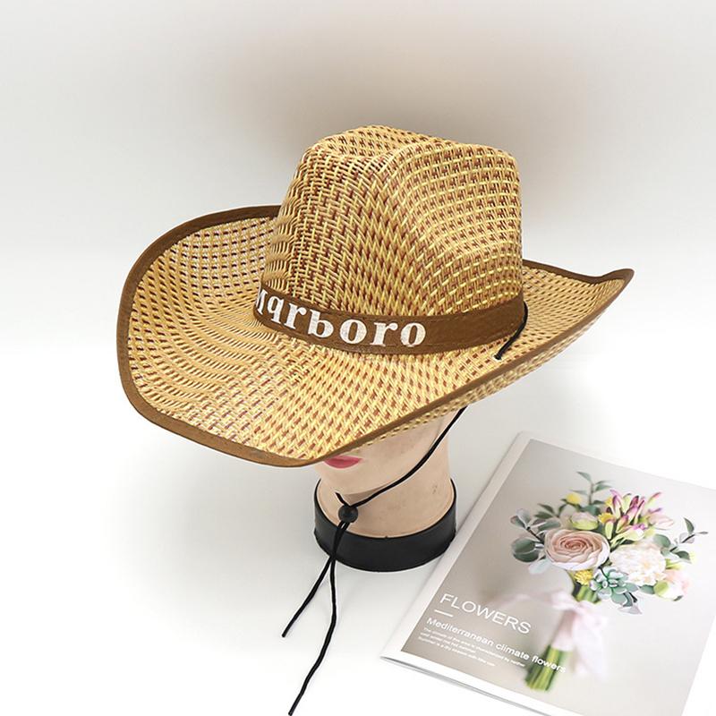 

.[SH]1Pc Men Retro Western Cowboy Summer Straw For Sun Hat Wide Curly Brim Letters Printe хаки