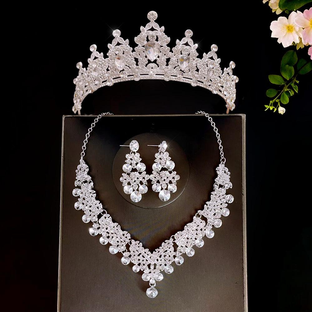 

Korean Super Fairy Bridal Crown Three Piece Suit Wedding Crown Tiara Necklace Earrings Super Sparkling Wedding Dress Accessories