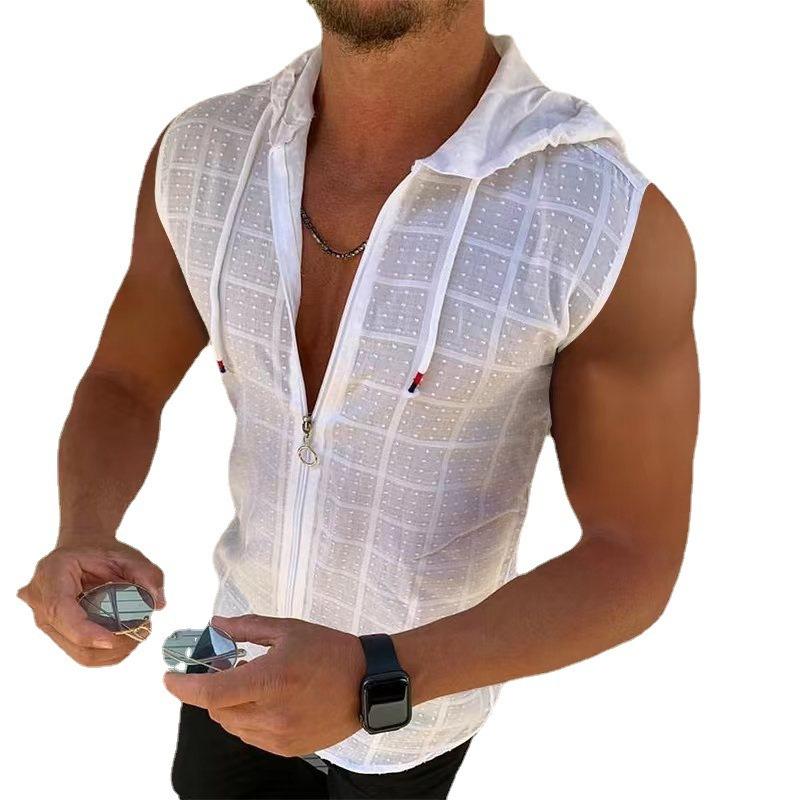 Kurzärmiger Kapuzen-Reißverschluss-Cardigan T-Shirt Herren Sommer Neue Mode Karomuster Ärmelloses T-Shirt Herren Revers-Top
