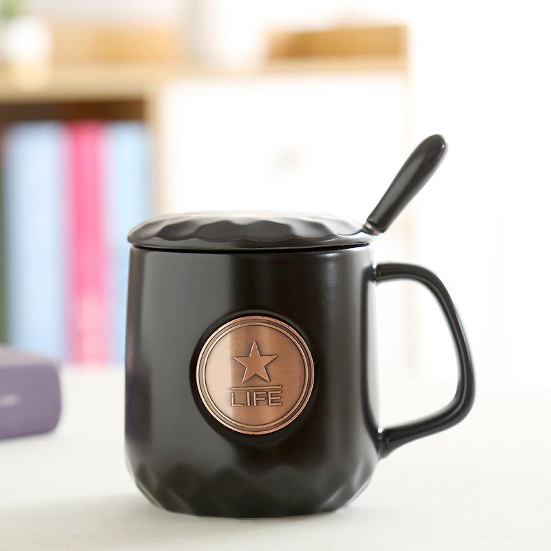 Ceramic Coffee Mermaid Copper Stamp Xingba Wind Ceramic Cup With Lid Spoon