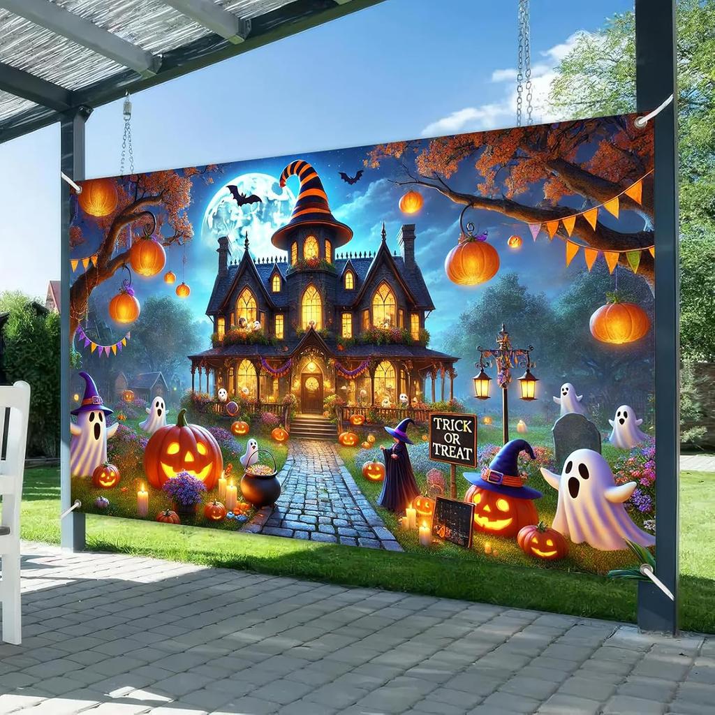 BlissYard Happy Halloween Banner 71 x 43 Inch Haunted House Ghost Backdrop