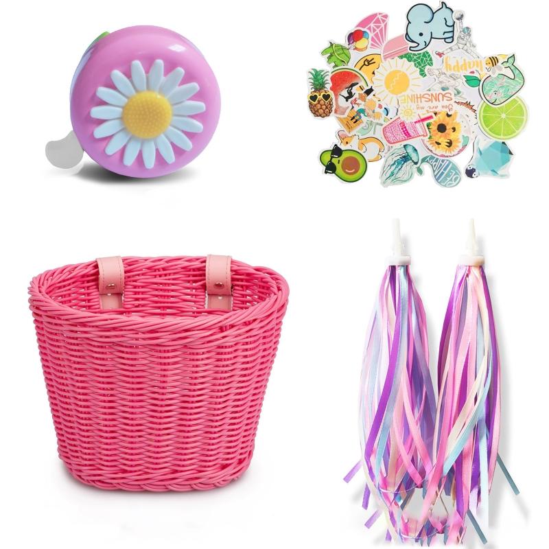 Kids Bike for Banner Set, Bicycle Handlebar Wicker Basket with Colors and Bike Bells and Decals, Boys Girls Bike Decorat