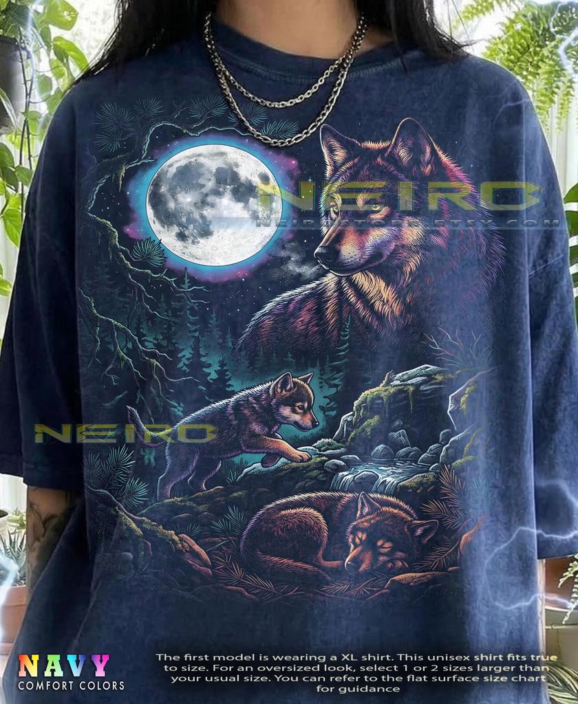 Wolf Moon Wildlife Nature Forest Animal Lover Wilderness Comfort Colors® Tshirt, Retro Style Bootleg Night Full Moon Forest Animals Tees,