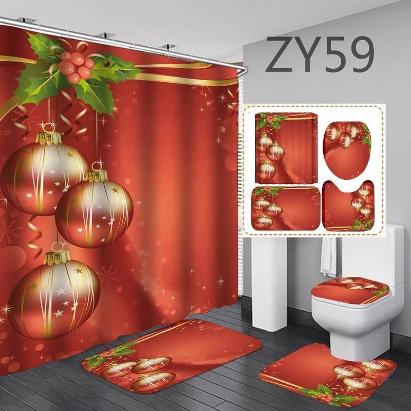 4PCS/Set Christmas Bathroom Curtains Set Santa Claus Shower Curtain Toilet Cover Mat Non Slip Rug Waterproof Shower Curtain