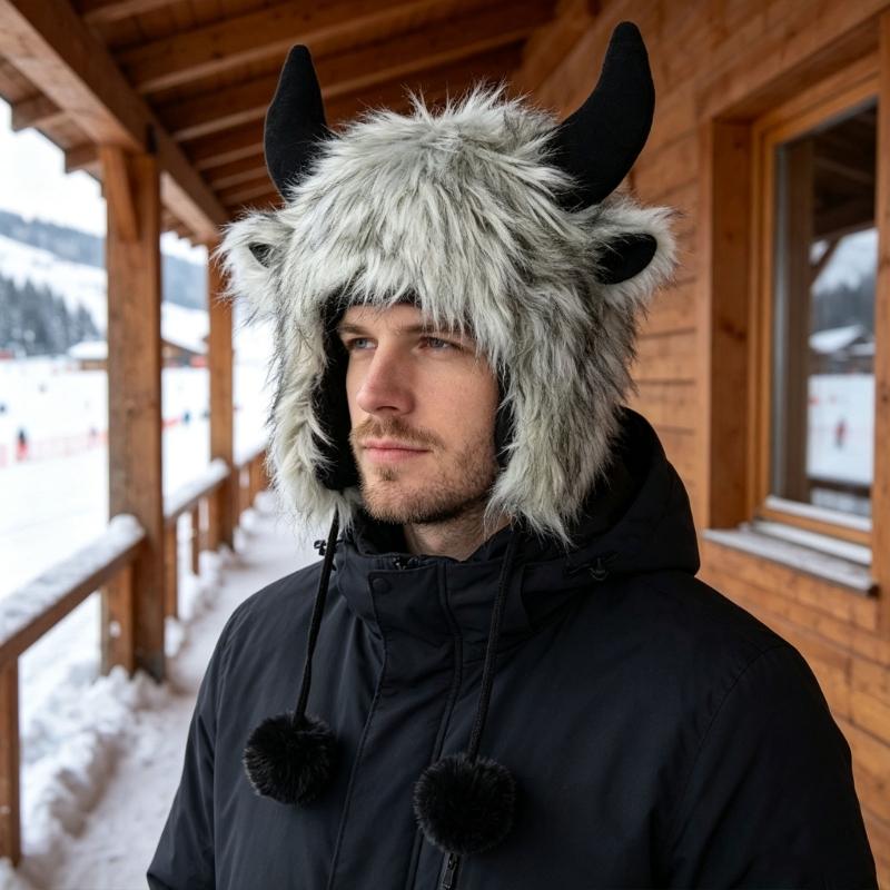 Cappello Invernale Peluche Corna di Toro, Morbido Cappello da Trapper con Copertura per le Orecchie e Laccetti per il Mentone per Uso Esterno, Foto e Viaggi