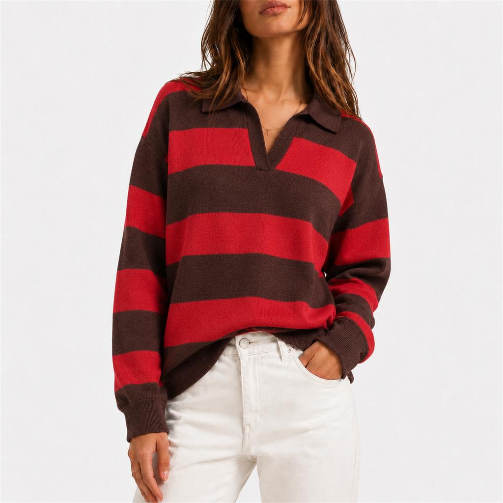 Women's Striped Knit Sweater with Collar for Casual Everyday