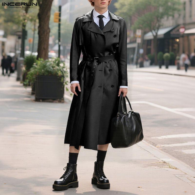 INCERUN Winter Men Long Sleeve Long PU Leather Coats Overcoat Outerwear