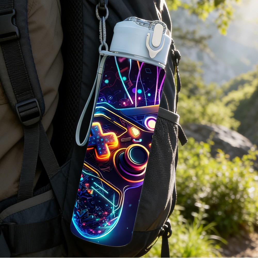 1PC Neon Game Controller Gaming Theme Art 750ml Color Plastic Sports Water Bottle Leakproof Flip Straw Lid Suitable for Sports Office Home Use
