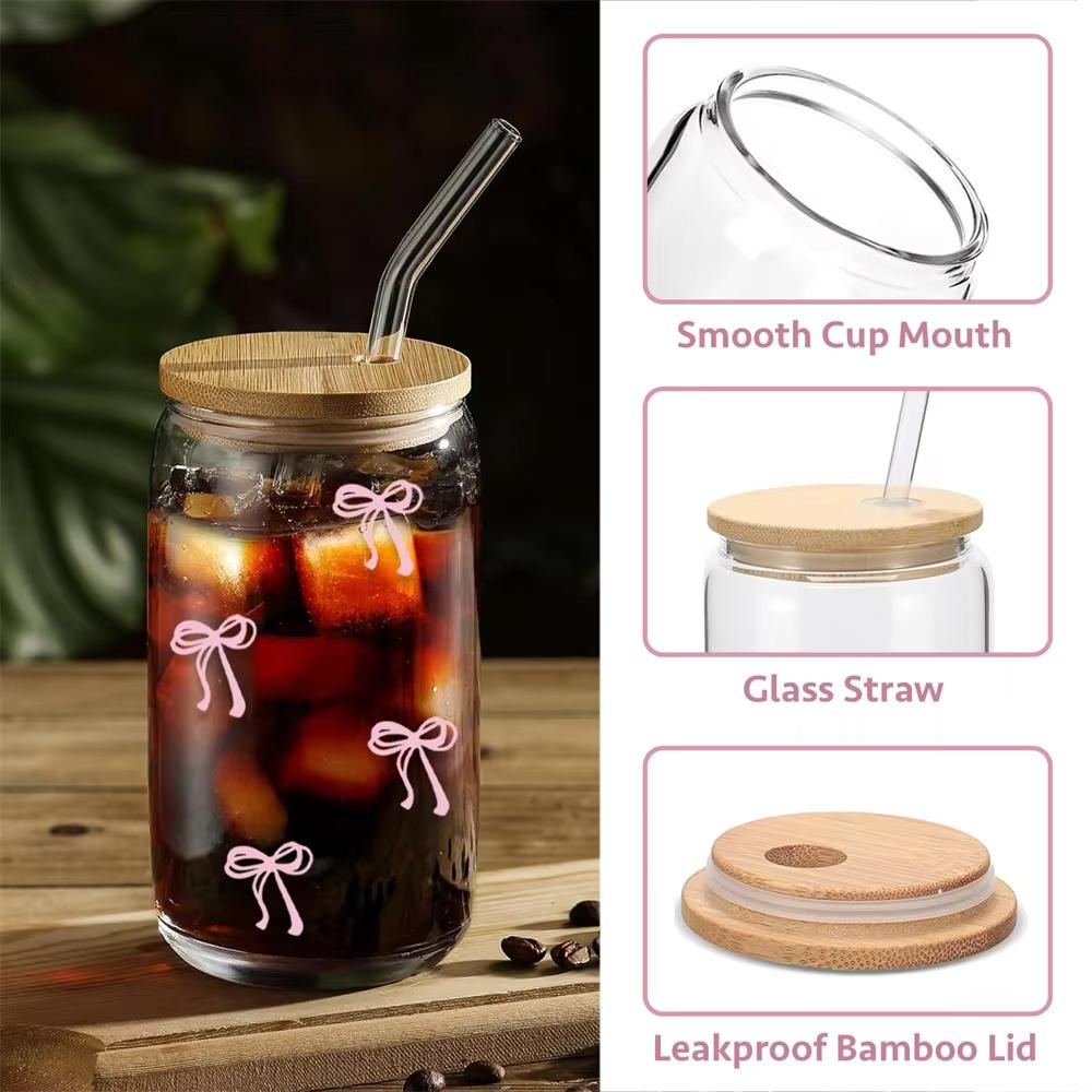 Cute Butterfly Knot Glass Cup with Bamboo Lid and Straw, Birthday Gift, Cold Drink Pattern, Holiday Gift, 500ML/16.9oz