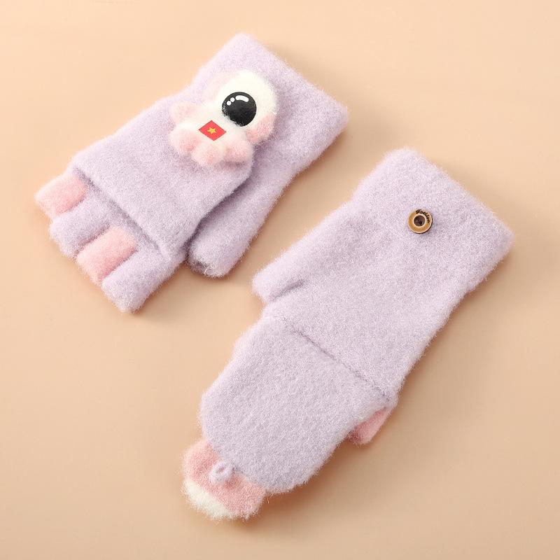Children's Astronaut Half finger Gloves with Velvet Warm Flip Baby Writing Gloves Cold Proof and Thickened Primary School Students' Gloves