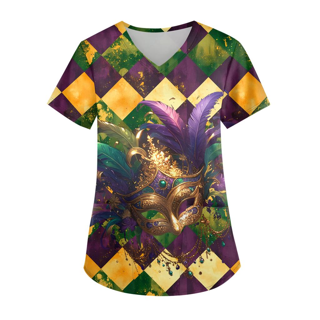 Ladies' Carnival Printed Fashion V-neck Pocket Short Sleeved Nurse's Wear And Worker's Top
