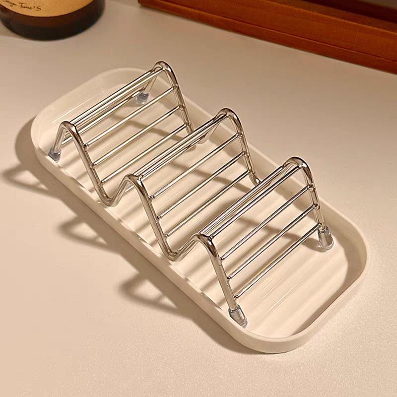 

1pcs Stainless Steel Soap Dish with Wave Design Ceramic Tray for Bathroom Countertop Vanity Kitchen Organizer Organization